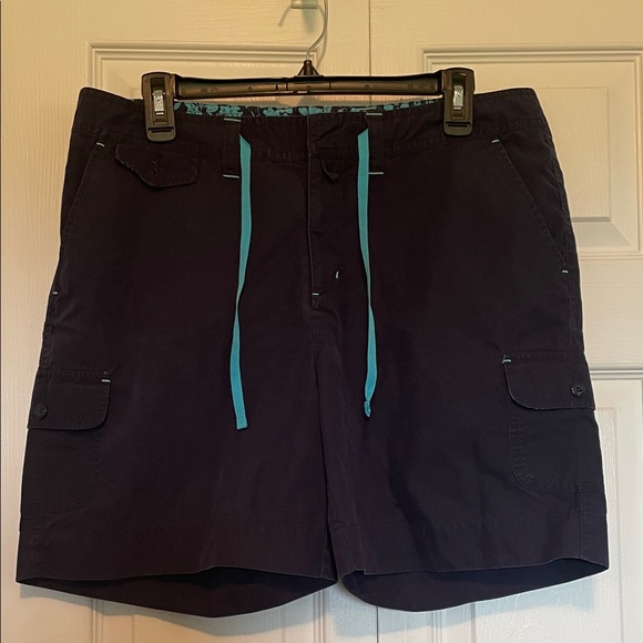 Eddie Bauer Pants - Women’s sz 12 Eddie Bauer cargo shorts Navy w/ aqua accents. Drawstring belt